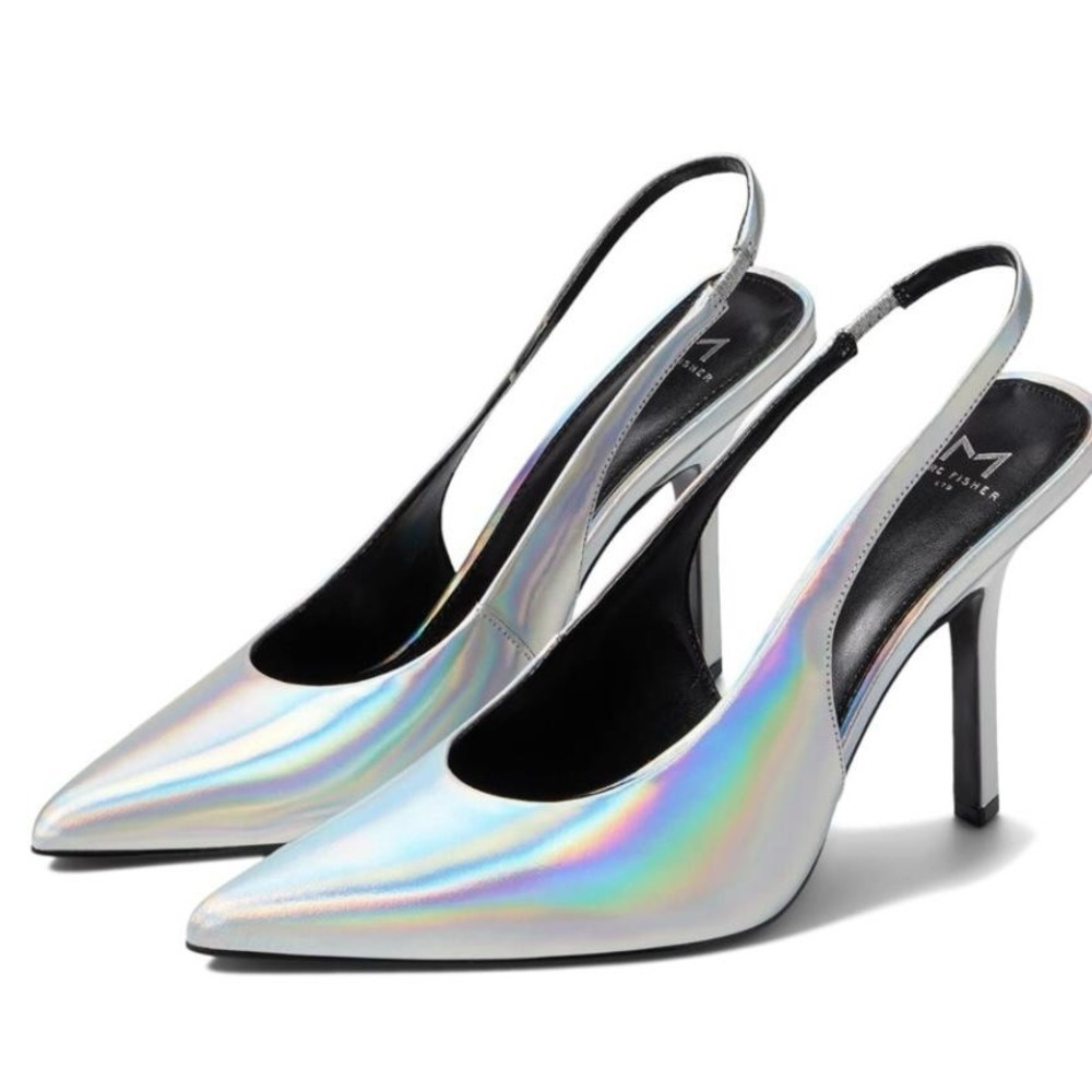 Marc Fisher Emalyn Pointed Toe Slingback Pumps in Patent Silver Leather - NWT